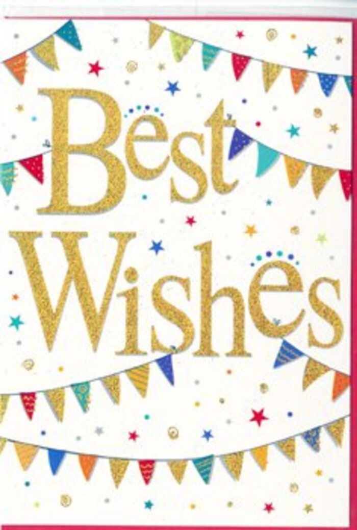 The Best Wishes card shown here feels as though it's been inspired by a joyful neighbourhood celebration in Harold Wood, captured in crisp paper, bright inks, and a touch of golden shimmer. At the centre, the greeting itself is written in generous, flowing gold script, each curve of the letters slightly embossed and subtly sparkling. The metallic finish adds depth and a soft glow, standing out beautifully against the clean white backdrop. Surrounding this heartfelt message, gently curving strings of bunting sweep from edge to edge, creating a loose oval frame. The triangular flags along each string are a lively mix of colours-punchy reds and blues, lively greens, sunny yellows, and pops of pink and orange. Some of the pennants are solid tones, others decorated with brisk stripes, tiny dots, or small patterned shapes, giving the impression that each flag has its own character, like the mix of homes and cafés dotted around Harold Wood station. Interspersed among the bunting, tiny star shapes and confetti-like dots drift across the white space in varying sizes. Many are printed in shimmering gold to echo the central lettering, while others pick up the rich colours of the flags, reinforcing the celebratory mood. The composition is balanced and uncluttered, with the arcs of bunting drawing the eye gently back to the golden words in the middle. The emotional tone is warm, supportive, and quietly proud, ideal for congratulating someone on personal achievements-from new careers and exams to anniversaries and special birthdays. It's the sort of card that would sit beautifully tucked into fresh blooms, turning a simple message of best wishes into a keepsake of a meaningful moment.