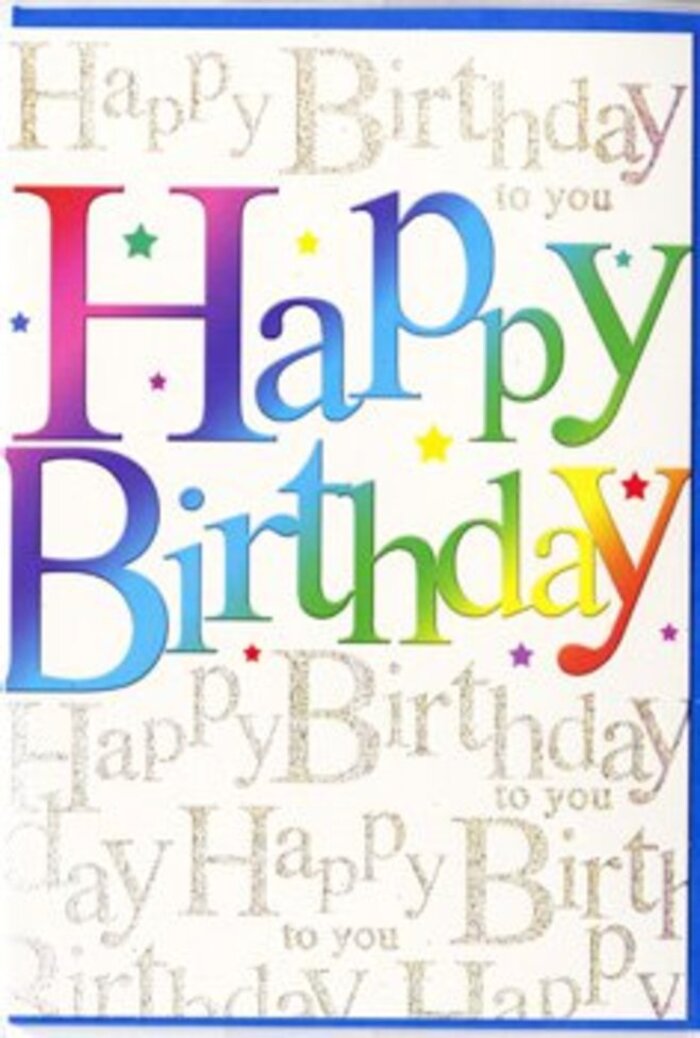This image shows a beautifully designed birthday card that feels as festive as a family gathering near Harold Wood station. The central focus is the phrase Happy Birthday, printed in bold, generously spaced letters that stretch from left to right across the card. Each letter is rendered in a smooth gradient of colour that shifts through the full spectrum, starting with rich crimson and deep pink, wandering into royal purple and sapphire, then melting into teal, emerald, and a cheerful golden yellow. The hues transition with the softness of blended pastels, making the words appear luminous, as if lit from within. The backdrop provides a refined contrast: the entire background surface is covered in delicate golden script, continuously repeating Happy Birthday to you. The script is decorative yet legible, its loops and curls reminiscent of hand-written calligraphy in a keepsake journal. The metallic gold ink has a subtle sparkle that suggests tiny particles of glitter or foil, catching any light that touches the card and giving it a gentle, evening glow. Interspersed among the lines of text are minuscule star shapes and dots, also in shining gold, which introduce a sense of rhythm and movement, like specks of confetti drifting through the air. The base tone of the card is a warm white, adding softness and warmth to the overall composition. The card appears to have a lightly glossy, high-quality finish, with the rainbow letters slightly embossed, inviting a tactile experience. Together, these elements create a mood of heartfelt festivity-boldly colourful yet tastefully detailed-making it an ideal companion to a hand-delivered bouquet from Flowers Harold Wood for birthdays celebrated at home, in a local café, or anywhere across the Harold Wood area.