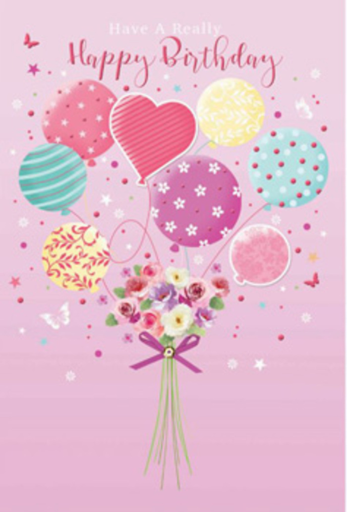There is a soft, jubilant energy in this birthday illustration, as if it captures the feeling of a surprise delivery arriving at a front door in Harold Wood. The background is a smooth wash of pale pink, calming and warm, providing a serene stage for the eye-catching centrepiece. Rising in the middle is a pastel cluster of balloons, their rounded shapes floating upward with easy grace. Each balloon is unique: some are decorated with fine candy stripes in rose and mint, others are speckled with lively polka dots, and a few are adorned with delicate floral swirls or tiny starbursts. A single heart-shaped balloon at the centre glows with soft affection, like a quiet message of love sent across town. The colours-pinks, soft greens, lemon yellows, and lavender-feel like a gentle echo of spring blossoms in local gardens around Harold Court Road. From this cloud of cheerful balloons, strings gather and meet a hand-tied bouquet at the base. The bouquet is full and rounded, composed of petite roses and daisy-like flowers in creamy ivory, blush pink, and muted mauve. Their petals appear velvety and delicately shaded, as though brushed by natural daylight pouring through a nearby window. A glossy purple bow cinches the stems, its satin finish catching the light and adding a little sparkle to the design. Fine details-tiny butterflies, scattered star motifs, and the suggestion of drifting confetti-float around the arrangement, amplifying the sense of celebration. The whole composition feels light as air, perfectly poised to convey a heartfelt birthday greeting to someone in Harold Wood, whether they're marking a big milestone or enjoying a quiet, cherished moment at home.