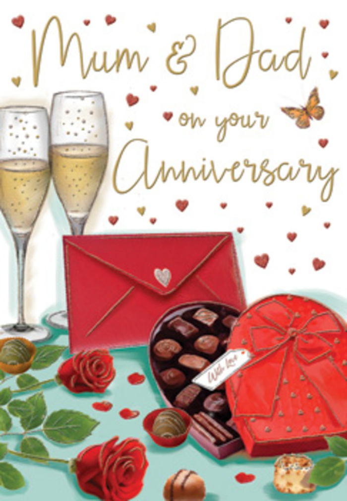 This anniversary card design paints a leisurely, romantic scene that feels right at home in Harold Wood, as though it has been arranged on a side table near a softly glowing lamp. Dominating the centre are two tall champagne flutes, their delicate stems and gently flared rims rendered with elegant precision. Inside, the champagne appears light and effervescent, tinted a warm gold, with streams of tiny bubbles captured at various heights, creating the sense of motion and expectation. In front of the glasses sits a heart-shaped chocolate box, its outer shell a rich, satin-like red that glows softly against the background. A grand red bow wraps the box, with wide, overlapping loops and long tails that drape gracefully, suggesting a thoughtful gift chosen with care. The lid is open to reveal compartments filled with assorted chocolates, each piece individually shaped-some round and domed, others more angular-arranged in tidy rows that speak of indulgence and attention to detail. Resting nearby are two sumptuous red roses, placed almost casually yet with the instinctive touch of an experienced Harold Wood florist at Flowers Harold Wood. Their petals are lush and finely layered, the blooms angled so their full faces are visible, while their green leaves and stems provide grounding and freshness. A few chocolates are scattered close to the flowers, as if the couple has already begun to sample them. Across the scene, tiny red and golden hearts drift like confetti on a gentle breeze, encircling the central elements. At the front, a vivid scarlet envelope with a small heart seal suggests a heartfelt message waiting to be opened, perhaps a note recalling shared walks around Harold Wood or years of treasured memories. The composition as a whole radiates warmth, tenderness, and a sense of occasion.