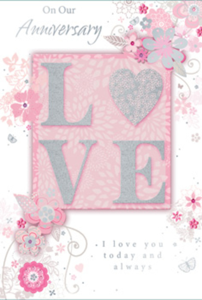 An open anniversary card is displayed as though resting on a table, its interior design bathed in soft light that brings out the soothing hues of pink, lilac, and ivory. The main motif, the word LOVE, is rendered in raised, frosted glitter that gives each letter a gentle, tactile texture. When imagined under fingertips, it would feel slightly rough yet delicate, like tracing over the veins of a pressed petal. The glitter shimmers subtly, echoing the way evening light glints off fresh arrangements in a Harold Wood florist's window. Around the central word, wispy hand-drawn blooms appear to drift along the borders. Their petals, in muted blush, lilac, and creamy white, overlap and intertwine lightly, as if they were floating on a soft breeze passing through nearby Harold Wood parks. Slender sprays of leaves and graceful filigree lines weave between the flowers, connecting one corner of the card to another in an unbroken, flowing rhythm. Nestled among these details, near the lower portion of the design, the message I love you today and always appears in a simple yet refined typeface-neither too bold nor too ornate-allowing the sentiment to feel honest and unforced. Tiny decorative flourishes-barely-there butterflies, curling stems, and delicate scrolls-add hints of movement that suggest the flutter of hearts or the rustle of bouquet wrapping being gently opened. The background remains pale and uncluttered, ensuring the pastel designs and glittered word stay prominent. The entire card feels like a hand-tied bouquet translated into paper, a quiet but deeply heartfelt tribute to enduring love, perfect for accompanying anniversary flowers delivered in and around Harold Wood.