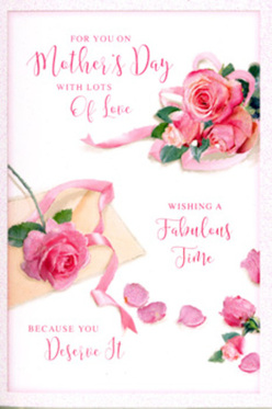 Set against a bright, uncluttered background, this Mother's Day card showcases a cluster of blush pink roses that seem almost freshly picked from a Harold Wood garden after a light spring shower. The main bouquet is composed of several large, open blooms, each petal rendered with a velvety softness and a gentle gradient of colour that moves from near-white blush at the edges to a slightly richer rose pink near the centres. The blossoms appear lush and full, overlapping one another in an arrangement that feels both natural and carefully considered, like a florist's hand-tied creation. Around them, loose petals are scattered in an artful yet relaxed pattern across the card, some lying flat, others tipped at an angle to catch the light, suggesting petals that have just drifted down from the central roses. A soft, pastel ribbon weaves through the bouquet, looping and trailing with graceful ease, echoing the motion of tying a bow on a Mother's Day gift destined for a home near Harold Wood's tree-lined avenues. Elegant, flowing calligraphy curves around the floral illustration, spelling out a heartfelt message that speaks of appreciation, love, and well-deserved rest. The script's gentle arcs mirror the shape of the petals and the sweep of the ribbon, tying text and image together into one harmonious scene. The lighting is soft and even, giving the impression of daylight filtering through a window on a quiet Sunday morning, and allowing the delicate pinks and hints of green foliage to stand out clearly. The overall effect is tranquil and affectionate, a paper embrace that sits beautifully alongside a fresh bouquet prepared for same-day delivery across Harold Wood and neighbouring streets.