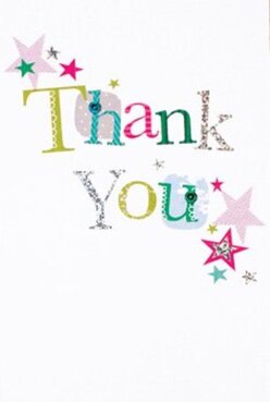 When I study this thank-you card, the first impression is joyful movement: 'Thank You' is spelled in letters that each announce their own color and personality-lively lime green, punchy fuchsia, cool sky blue and warm yellow, with a few characters glazed in a soft, silvery glitter. Some letters are patterned with tiny dots or bordered by stitched-like lines, lending a handcrafted touch that feels both intimate and celebratory. Scattered around the type, clusters of petite stars-blush pink, teal and pearly silver-float like the last bits of confetti after a cheerful gathering. The background stays a clear, immaculate white, giving the colors room to breathe and letting every sparkle register sharply in soft daylight.

I picture this design sitting beside a freshly wrapped bouquet from a local Harold Wood florist, brightening a kitchen table near Harold Wood Station or an alfresco bench in the park. There's a tactile invitation here: the raised print and sprinkle of glint promise a small sensory pleasure when the card is lifted from an envelope. The tone is playful but sincere, well suited to thank-you moments after a neighbourly favour, a summer party, or a thoughtful delivery to friends on Gubbins Lane-simple gratitude made vivid and warm.