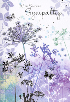 The artistry of this funeral sympathy card lies in its subtle, nature-inspired illustration, which recalls the quiet beauty of early morning in Harold Wood before the roads fully wake. Wispy, lace-like flower heads emerge from a field of colour, their forms delicate and finely detailed. Tall, slender stems reach upward, painted in soft grey-greens, while the umbelliferous blooms at their tips are brushed in gentle violets, dusky blues, and hints of lavender. Each floral silhouette looks almost weightless, as if drifting in a light breeze. The background is composed of soft watercolour washes that blend from lilac to muted blue and pale sage, like mist settling over nearby parks and gardens. The edges of these washes are feathered and blurred, so nothing feels stark; everything seems hushed and reflective. Between the flowers, transparent butterflies hover, their wings only lightly defined, as if they are momentary visitors captured in a fleeting moment of stillness. There is a tactile impression here too-you can almost sense the smooth texture of quality card and the gentle grain of the printed artwork under your fingertips. The muted hues and gradual gradients evoke calm, compassion, and understanding, much like a neighbour in Harold Wood offering quiet support at a difficult time. Above the blossoms, the imagined wording of condolence appears in a simple, sincere script, resting easily within the open space. The overall composition is understated yet deeply heartfelt, like a sympathy bouquet arranged with care by Flowers Harold Wood, designed to offer comfort without intrusion and to accompany funeral tributes or condolence deliveries across the Harold Wood area.