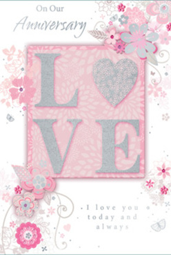 This anniversary card exudes understated elegance, its palette of pearly whites, gentle greys, and soft powder pinks reminiscent of the calm, misty mornings around Harold Wood. Centred on the card is the word "LOVE," arranged in raised, textured letters that have been carefully edged with fine glitter. The shimmer outlines each letter with a subtle sparkle, catching the light when the card is tilted, like sunlight picking out petals in a window display on Station Road. The letters rest on a blush-hued rectangle, slightly recessed to create a sense of depth, making the word feel like a treasured keepsake framed within the design. Around this core, an airy spray of illustrated flowers and swirling vines dances across the surface. Each blossom is drawn with delicate precision, petals shaded in soft pinks and whites, with tiny accents of silver foil adding a refined glint, reminiscent of dew on early-morning roses. The vines curl and loop in graceful arcs, tying the composition together much like ribbon binds a romantic bouquet. The background remains light and uncluttered, a pale pink and white canvas that lets the floral elements and lettering stand out clearly. Elegant anniversary wishes are written in slender, cursive script, mirroring the card's flowing lines and adding to its gentle, romantic feel. The overall impression is of quiet celebration and enduring affection, as if the card were designed to sit beside a vase of fresh blooms just delivered to a home near Harold Wood Park. It feels like a scented memory captured on paper-soft, sophisticated, and lovingly arranged.