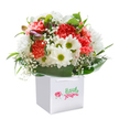 Pure joy radiates from this Harold Wood bouquet-a cascade of ruffled coral, peach, and red carnations joined by snow-white daisies with cheerful, green-yellow hearts. Wispy baby's breath sparkles through the bouquet, adding an airy softness that feels like a breath of spring drifting down from Harold Wood Park. A scattering of lilac-tinted buds peeks out shyly, while the entire ensemble is embraced by glossy, arching leaves that recall walks through the neighbourhood's tree-lined streets. Gathered upright in a pristine white gift bag with graceful ribbon handles, the flowers glow beneath bright, natural light-each detail serenely showcased against a pure white background. This arrangement is a fresh, heartfelt celebration of new beginnings-delightfully crafted for birthdays, anniversaries, or any occasion deserving a touch of local floral joy, available for prompt delivery across Harold Wood.