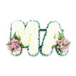 A graceful funeral flower tribute in the form of the letters MA is displayed against a bright white background, its simple composition drawing the eye to the thoughtful floral details. The letters are bold and clearly shaped, constructed from a dense layer of white chrysanthemums. Each bloom appears fresh and full, with multiple rows of delicate petals forming a soft, textured surface that feels both comforting and serene. Around the outer edge of both letters, a deep emerald green satin ribbon has been carefully pleated to create a finely ruffled border. This rich green outline crisply defines the shapes of the 'M' and 'A', offering a pleasing contrast that makes the tribute easy to read from across a chapel or crematorium hall in Harold Wood. At the base, on the left leg of the 'M' and the right leg of the 'A', small accent posies of mixed roses provide gentle colour. Soft blush-pink roses, dusky lilac or lavender roses, and tiny pink spray roses are grouped together, their velvety petals layered in spirals that suggest warmth, affection, and cherished memories. Fine fern fronds and pieces of fresh greenery thread through these clusters, adding light, airy texture and a hint of woodland freshness. The overall effect is one of balance and calm: pure white for peace, green for life, and soft pink and lilac for love and gratitude. This MA tribute feels especially fitting for a funeral or memorial service, a personalised floral message that lets family and friends in Harold Wood express how deeply they cared for their Ma when words alone are hard to find.