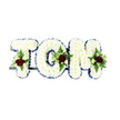 A tender, three-dimensional tribute spells the name 'TOM' in pillowy masses of pristine white chrysanthemums, each tiny bloom layered to form plush, tactile letterforms that read as a quiet embrace. The soft white surface feels almost luminous against the clean studio-white background, the petals catching gentle top light so that shadows fall softly into the depth of each curve and angle. Each letter's perimeter is crisply defined by a royal blue ribbon-rich and regal against the white-tracing every serif and corner with a neat, satin edge that gives the composition dignity and visual rhythm. Nestled within the lower sections of the 'T', 'O' and 'M' are balanced sprays of flowers where a single deep red rose anchors each cluster, its velvety bloom a concentrated note of love and sorrow. Around those red centers, small creamy-white spray roses and buds tuck in like quiet reminders of tenderness, while fern fronds and glossy green foliage fan and weave through the arrangements to add texture and a soft architectural line. A subtle dark metal support bar is visible along the base, hinting at the careful engineering that keeps the tribute erect and graceful when placed at a church, crematorium or graveside. The overall effect is solemn yet comforting-an artisanal funeral name arrangement crafted with respect, meant to offer solace as family and friends gather. In the calm light it reads as both message and memory: a handcrafted floral farewell shaped by practiced hands, intended to honor and remember with gentle clarity.