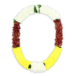 A finely detailed funeral garland, styled in an open oval like a welcoming embrace, is set against a crisp white background that makes each colour band stand out with clarity. Across the top, a continuous sweep of pure white flowers forms a plush, cushion-like arc, the tiny, tightly woven blooms recalling traditional jasmine or chrysanthemum garlands used in spiritual ceremonies. This white segment feels tranquil and sacred, as if offering a soft blessing. On the left and right sides, the garland transitions into richly coloured maroon sections, every petal densely layered to create a velvety, almost tapestry-like surface that brings depth and quiet seriousness, a fitting reflection of the emotions carried at funerals and memorials in Harold Wood. Along the bottom curve, the design opens into a vivid band of bright yellow flowers, their rounded petals and warm colour introducing a gentle sense of warmth and remembrance, like sunlight softening a sombre day. Small sprigs of green foliage and white accents appear where one colour block meets another, giving the piece a natural, garden-fresh rhythm and preventing any harsh divisions between tones. The craftsmanship is evident in the uniform fullness of the garland; no gaps, stems, or threads can be seen, only a continuous surface of petals that suggests careful, experienced hands. Under balanced, neutral lighting, the interplay of white, maroon, yellow, and green is clearly visible, allowing you to imagine the subtle scent of mixed blooms and the quiet dignity of placing this garland as a final tribute for someone dearly missed in the Harold Wood community.