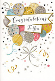 The congratulations card depicted here captures the airy happiness of a special moment, the sort of occasion when friends in Harold Wood might gather with flowers, balloons, and warm words of praise. The central focus is a large bouquet of illustrated balloons that seems to rise from the lower edge of the card and float upwards in a gentle arc. These balloons are rendered in a soothing, celebratory palette of gold, silver, champagne, pale blue, blush pink, and soft grey, each one detailed with patterns of tiny stars, slim stripes, or delicate glittery specks that catch the light in subtle ways. Their rounded shapes overlap, creating a layered effect that suggests depth and movement, as if the cluster is swaying slightly. From each balloon, fine ribbons of gold and silver unfurl, curling into relaxed spirals before gathering in a loose bundle at the base, much like the elegant ribbons tied around a congratulatory bouquet from a local florist. Across the centre of the composition, a wide banner unfurls gracefully, carrying the message Congratulations To You written in refined, flowing calligraphy that feels both sincere and celebratory. The background remains softly neutral and bright, scattered with tiny metallic stars, swirling flourishes, and confetti-like dots that drift around the balloons, evoking the light-hearted atmosphere of a party that has just begun to wind down. There is a sense of texture in the design, hinting at raised glitter and glossy ink that the fingertips might discover. Overall, this card radiates quiet pride and genuine joy, making it a fitting visual companion to mark exam triumphs, work promotions, or any cherished milestone in and around Harold Wood.
