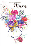 Lively Mother's Day card design showing a colourful, watercolour bouquet cradled in a gentle, curved vase tied with an elegant golden bow, reminiscent of a freshly finished arrangement ready to leave a Harold Wood flower shop. The blooms are an exuberant mix of lush purples, playful pinks, deep cerise, and tranquil blues, their petals outlined with fluid indigo lines that give just enough structure while keeping the overall feel loose and artistic. Soft washes of apricot, blush, and lavender blend into one another, suggesting layered petals catching the light at different angles, much like flowers displayed in a window near Ardleigh Green. Small touches of green foliage peep through the blossoms, indicated by quick strokes of chartreuse and soft olive, adding freshness and balance. Fine golden highlights pick out the edges of some petals and leaves, bringing a subtle gleam to the composition, like sunlight slipping through blinds on a quiet morning at home. Surrounding the bouquet, playful splashes of paint and delicate heart shapes scatter across the crisp white background, creating a sense of celebration and joyful movement, as if petals were dancing in a light spring breeze. The overall impression is one of warmth, tenderness, and heartfelt thanks, capturing the emotion of giving flowers to Mum-whether they're hand-delivered to a doorstep near Harold Wood Park or carried home from a local florist. This illustrated bouquet on paper feels both modern and timeless, a painted expression of love, gratitude, and the comforting presence of a mother's embrace.