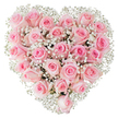 A dense, heart-shaped composition of soft pink roses and feather-light white baby's breath rests against a pristine white backdrop, its silhouette defined by meticulous placement and gentle contrasts. Dozens of velvety roses - their colour ranging from the palest blush at the outer petals to a warmer, deeper rose tone toward each bloom's centre - are packed closely together so the eye reads one continuous field of pastel. Some blooms sit as tight, satiny buds with their edges still curled inward, while others open into rounded cups that reveal the spiralled layering of fragile petals. Interspersed among them, countless tiny heads of Gypsophila form a lacy, cloud-like texture that edges and threads through the heart, offering bright, almost pearly highlights that make the soft pinks read clearer against the white studio light. The overall lighting is bright and even, removing shadows and giving each petal a fresh, almost dewy appearance; you can almost imagine the faint, honeyed fragrance of roses and the whisper of papery petals under a fingertip. As a florist in Harold Wood might say, this arrangement carries the quiet precision of handwork - an emblem of tender devotion suited to anniversaries, a gentle Valentine's sentiment, or a reverent tribute at a small, intimate wedding. The simplicity of the composition lets the textures and hues speak: silky rose flesh, the airy filigree of baby's breath, and the sculpted geometry of a heart formed by patient, sympathetic placement. It reads as both a visual embrace and a tactile promise - a bouquet designed to comfort, celebrate, and say simply, with elegance, that someone is deeply loved.