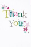 This thank-you card unfolds like a little celebration on paper: the phrase 'Thank You' is set in playful, varied lettering where each character wears its own bright costume-lime green, fuchsia, cool blue, sunny yellow and a dash of shimmering silver. Some letters carry tiny polka dots, others show delicate stitched flourishes as if sewn by hand, and a few reflect a soft glitter that catches the light like confetti. Around the message, small stars in shades of magenta, teal and silvery pink drift in loose clusters, giving the design a buoyant, spontaneous rhythm against the pristine white field that holds them. The paper itself reads as crisp and tactile; you can almost sense the slight tooth under your fingertips and the way the glitter and print sit slightly raised, inviting a gentle run of the thumb.
As a florist who imagines cards beside bouquets, I think of how this bright, airy design would sit at the top of a seasonal bunch-its warmth echoing a summer gathering in Harold Wood Park or the friendly bustle along High Road. The card radiates sincere, lighthearted gratitude rather than formality: perfect to tuck with peonies or gerberas when you want thanks to feel personal and instant. The overall mood is cheerful and clean, a small object that communicates thanks with texture and sparkle, an emblem of appreciation as tangible and immediate as flowers arriving at the door.