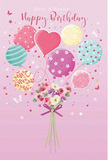 This birthday design paints a picture of a light-hearted celebration rising above the rooftops of Harold Wood, where balloons and flowers seem to share the same joyful breath. Everything is set against a soothing pink background, warm and welcoming, like the glow of a cosy living room just before the guests arrive. At the top, a bundle of pastel balloons drifts upward, some round and plump, others shaped more delicately, including a standout heart-shaped balloon that anchors the emotional centre of the image. Each balloon carries its own pattern-twisting candy-like stripes, dotted confetti spots, tiny florals, and shimmering star accents-rendered in gentle tones of blush, mint, lemon, and lilac. The colour palette echoes the soft shades you might see in window boxes along the streets near Harold Wood station. Hanging beneath this floating bouquet, a compact hand-tied arrangement of roses and anemone-like blooms gathers at the base. The flowers are shaded from creamy ivory to blush pink and dusky mauve, their petals layered and feathery at the tips, suggesting a delicious softness and a whisper of sweet perfume. A violet satin bow wraps carefully around the stems, its sheen catching the same soft light that glows on the balloons, hinting at a florist's steady hand and practiced eye. Around the composition, tiny butterflies and star-shaped details drift like slow-falling confetti, adding an element of enchantment. The overall impression is one of airy joy and thoughtful beauty-an image that feels tailor-made to accompany a birthday card or bouquet sent through Flowers Harold Wood to someone who deserves a bright, unforgettable moment in their day.