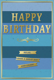 The birthday card shown here captures a gentle balance between sophistication and warmth, making it a natural companion to fresh blooms from Flowers Harold Wood. The front is built from generous horizontal blocks of blue, starting with a deep, almost midnight navy at the top and easing into progressively lighter blues-ocean, teal, and a restful sky tone-towards the bottom. These carefully aligned stripes give the impression of layered horizons, as though you are looking out over a succession of calm, distant views. Set squarely in the centre, the words HAPPY BIRTHDAY are emblazoned in large, embossed gold letters. The gold has a softly reflective surface, gleaming here and there like sunlight glancing off car roofs along Station Road on a bright morning. The letters stand clean and upright, evoking a sense of occasion. Beneath this main greeting, a graceful gold flourish extends horizontally, adding a note of decorative elegance. Below the flourish are three uniform golden banners arranged one beneath the next. On each banner, in clear type, is the same reassuring sequence of wishes: Relax, have a great day and enjoy! The banners have a slight sense of depth, as though gently placed on top of the blue bands. Encircling the design is a slim, continuous gold border that frames the entire scene and reinforces its composed structure. The cardstock looks sturdy and smooth to the touch, the contrast between the matte blue surface and the raised, shining gold elements giving the card a tactile richness. Imagined standing beside a birthday bouquet in a Harold Wood living room, this card would convey not just congratulations, but an invitation to take time, breathe deeply, and truly enjoy the day.