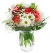 Full of cheerful generosity, this hand-crafted bouquet radiates out from the Harold Wood florist's table with exuberant coral-hued carnations at its heart. Their frilled petals overlap in plush spirals, creating an inviting core that sets the stage for the ensemble. Luminous white daisies with lime-green centers open vividly around them, evoking innocence and a burst of optimism reminiscent of Harold Wood's leafy side streets. Wisps of delicate baby's breath weave in and out between the bigger blooms, softening every transition and imparting a gentle, cloud-like lift to the design. A few alstroemeria buds, deep and magenta, rest quietly at the edge, hinting at unfolding stories still to come. Encircling the flowers, a medley of broad, glossy leaves and slender greens grounds the arrangement, echoing the lush borders of Harold Wood gardens. The bouquet is set in a simple glass vase with crystal-clear water, showcasing strong stems beneath the surface. Bright, even daylight heightens every shade and shape, while the pure white background draws focus to the bouquet's artistry. Ideal for same-day delivery near Station Road, this bright composition makes a perfect birthday celebration, a moment of gratitude, or an instant mood-lift for anyone in Harold Wood.