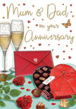 The illustrated scene on this anniversary card feels like a snapshot of a private celebration in Harold Wood, arranged with quiet thoughtfulness and affection. Two elegant champagne flutes stand close together in the centre, their slender shapes nearly touching, as though symbolising a long-standing partnership. Inside, the champagne glows a soft, honeyed gold, with delicate bubbles frozen mid-rise, evoking the moment just before glasses meet for a toast. Nestled in front of them is a heart-shaped box of chocolates, its deep red exterior polished and inviting. A luxurious red satin bow crowns the box, its loops full and textured, catching the light so that each fold appears three-dimensional and touchable. The lid is slightly raised, revealing a neatly organised selection of chocolates, each piece rich in colour and sheen, arranged with the kind of care you'd expect from a boutique chocolatier. To one side, two red roses rest across the tabletop, their petals velvety and abundant, with a vivid crimson tone that contrasts beautifully with their cool green leaves. The roses appear as carefully chosen as any bouquet delivered by a Harold Wood florist for a special anniversary. A few individual chocolates lie scattered near the blooms, hinting at relaxed, shared indulgence. Tiny gold and crimson hearts drift across the background and foreground, softening the scene and reinforcing its romantic character. At the front of the composition, a scarlet envelope sealed with a small heart leans invitingly, suggesting a personal message inside-perhaps words of thanks, promises renewed, or memories of years spent together in Harold Wood. The entire image conveys warmth, romance, and the gentle joy of marking another year side by side.